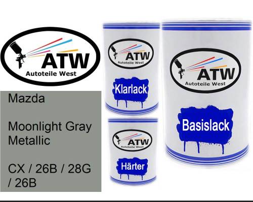 Mazda, Moonlight Gray Metallic, CX / 26B / 28G / 26B: 500ml Lackdose + 500ml Klarlack + 250ml Härter - Set, von ATW Autoteile West.